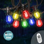 Guirlande Guinguette 30M 30 Bulbes Filament Rouge Bleu Jaune Vert avec Variateur de Luminosité et Télécommande - Guirlande Lumineuse Ampoule E27 à