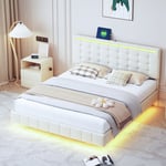 Okwish - Lit rembourré 160 x 200 cm, cadre de lit flottant rembourré avec lumières led et tête de lit design, lit d'appoint plat double en lin doux