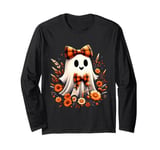 Cute Floral Ghost Plaid Spooky Season Happy Halloween Kids Long Sleeve T-Shirt