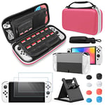 FYOUNG Étui de Transport et Housse de Protection, Kit Accessoires Compatible avec Switch OLED, Case de Voyage Portable, Coque pour Switch OLED, Protection D'écran, Capuchons de Pouce - Rose