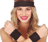 FIESTAS GUIRCA | Set de 2 Bracelets et Bandeau Noir - Accessoire Rétro pour Costume des Années '80 et Sports - Idéal pour Fêtes Costumées et Célébrations - Adulte Unisexe - Noir