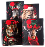 Christmas Gift Bags - 33cm Quirky Tiger Lion Giraffe Zebra Designs - Set of 4