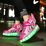 LED Unisexe Enfants Chaussures à roulettes,garçon Fille Respirant Patins à roulettes,Montantes Basket Mode à Lumière Rechargeables par USB,Double Roues Retractable Basket a Roulette,PinkA-36