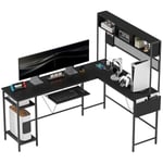 HOMCOM Bureau d'angle modulable réversible, Bureau avec Rangement 160-240 cm Style Industriel - Prise et Port USB, étagères de Rangement et Plateau Clavier, Bureau d'ordinateur pour 2 Personnes, Noir