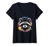 Womens Funny DJ Raccoon with Music Headphones V-Neck T-Shirt