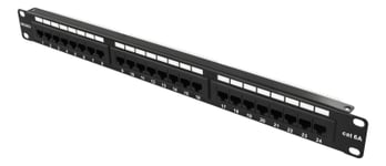 19" Patchpanel 24xRJ45, Cat6a, 1U, 500 MHz, 10Gbps, Kroneplintar, kabelstöd, svart, metall