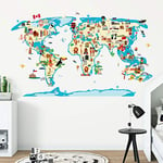 Stickers adhésifs Enfants | Sticker Autocollant Carte du Monde - Décoration murale chambres Enfants | 60 x 110 cm