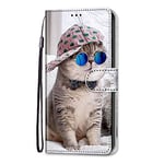 Adolasx Coque Compatible pour Samsung Galaxy A10 avec Cordon Clapet a Rabat Cuir Motif Drôle Animal Magnetique Antichoc Étui PU Case Cover Portefeuille - Chat D