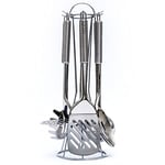 Axer Ustensiles de cuisine en acier inoxydable avec support - Set de 6 outils de cuisine avec cuillère, louche, spatule, pelle à pâtes et presse-pommes de terre - Passe au lave-vaisselle - Argent