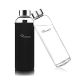 RYACO Borosilicate Glass Water Bottle 550ml BPA-Free Leak Proof Ideal for School Home Office Travel Sport Yoga Gym Hot Cold Drinks with Portable Neoprene Carrying Sleeve and Sponge Brush