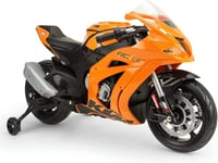 INJUSA - Moto Électrique KTM RC8C, pour Enfants de 3 à 6 Ans, avec Batterie 12V, Sons, Bandes en Caoutchouc sur Les Roues et Roues stabilisatrices, Vitesse 6 km/h, Orange