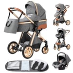 YAZOCO Poussette 3 en1, Compacte Poussette CombinéEs Anstout Terrain Luxe Haut Paysage Quadruple 0-36kg Pliable Canne Bébé Poussettes Confort Convient aux Nouveau Nés (Gris)