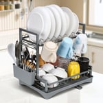 2 Tier Dish Drainer Washing Up Rack Plate Cutlery Double Draining Grey Vinsani