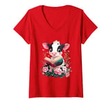 Womens Flowers Cow Reading Book Valentines Day Graphic Funny V-Neck T-Shirt