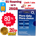 2x O2 Sim Card - New & Sealed O2 Pay As You Go 02 O2 PAYG,EU Roaming Up To 25GB