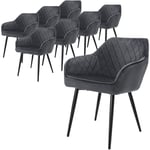 Lot de 8 Chaises de Salle à Manger avec Accoudoirs et Dossier, Anthracite, Revêtement en Velours, Pieds en Métal Noir, Chaise de Cuisine pour Table à