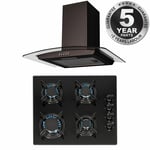 SIA 60cm Black 4 Burner Gas On Glass Hob And Curved Glass Cooker Hood Extractor