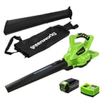 Greenworks aspirateur et souffleur de feuilles sans fil 2en1 (Li-Ion 40 V 280 km/h vitesse de l'air, sac collecteur, régulation de la vitesse) + 40V G40B5 Batterie + Chargeur De Batterie G40UC4 40V