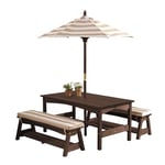 KidKraft Table et Bancs de Jardin pour Enfant avec Coussins et Parasol, Salon de Jardin extérieur en Bois pour Enfants, Rayé écru et Blanc, 00500