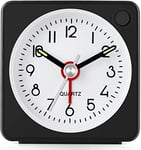 Jisile Travel Alarm Clock, Back to School Supplies, Ultra Small Clock with Snooze and Light Function, Super Silent Non Ticking, Battery Operated, Easy to Setup (Black)