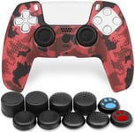 Coque De Protection Silicone Compatible Avec Manette Ps5 Camouflage Rouge Étui Housse Anti-Dérapant Skin Peau Bumper