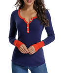 Dilgul Pull Femme Hiver Chemise Blouse Manches Longues Col en V Bouton Chemisier Rouge Patchwork Bleu Small