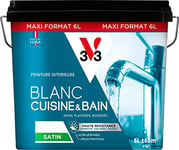 V33 Peinture salle de bain/cuisine blanche satinée, Haute résistance, BLANC CUISINE & BAIN 6L