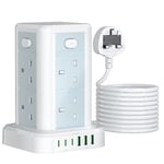 3M Tower Extension Lead with USB, Toomke 8 Way Multi Plug Extension Tower with 6 USB (3 USB C & 3 USB A), Overload Protection Extension Cord with Independent Switches, UK Plug Socket Tower Power Strip