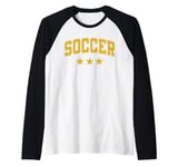 Soccer All Yellow Stars Classic Retro Varsity Text Raglan Baseball Tee