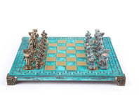 Spartan Warrior Chess set with blue/brown chessmen and Meander bronze chessboard 28 x 28cm (Small) Manopoulos