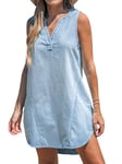 CUPSHE Mini robe en jean pour femme, col en V, tunique sans manches, robe trapèze d'été décontractée, bleu clair, M