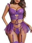 Avidlove Ensemble de Lingerie Sexy pour Femme Porte-Jarretelles Soutien-Gorge Jarretelles 3 Pièces Dentelle sous-Vêtement Culotte à Armatures Body String avec Jupe Mini en Tulle Violet L