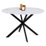 Table à manger ronde alix 4-6 personnes pied araignée métal noir et plateau effet marbre blanc alaska 110 cm