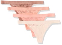 Amazon Essentials String en Coton et Dentelle Femme, Lot de 4, Rose Saumon/Brun/Rosé Clair, 46