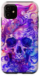 Coque pour iPhone 11 Aquarelle violette ethnique horreur bleu feu flamme crâne