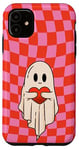 Coque pour iPhone 11 Valentine Retro Ghost Hugging Heart Checkerboard Pink Red