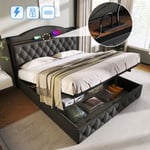 Hommoo - Lit coffre Lit rembourré double 160 x 200 cm avec fonction de chargement usb Type c, sommier à lattes en métal, gris, sans matelas