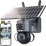 Camera Solaire Exterieur WiFi sans Fil, 6MP Double Objectif Camera Surveillance Exterieure, Détection Humaine Vision Nocturne Couleur Audio Bidirectionnel, Batterie + Panneau Solaire