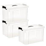 HOHAOO Lot de 3 grandes boîtes de rangement en plastique avec couvercle, 60 L, transparentes, empilables avec boucles de verrouillage pour la maison et le bureau