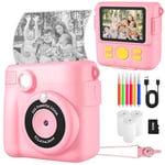 Instant Print Camera, Kids Camera Digital Camera 1080P HD Photo and Video Recording with 32G SD Card, 3 Rolls Photo Paper for Age 6-12 Boys and Girls Birthday Chirstmas Gifts (Pink)