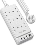 Extension Lead with USB Slots,AICODE 6 Way Extension Lead with 4 USB(1USBC),Multi Plug Extension Socket Charging Station,2M Extension Cable,Switched Wall Mount White Power Strip 6 Plug for Home Office