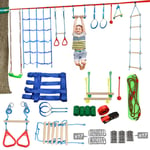 Ninja Warrior Obstacle Course for Kids-Ninja Slackline 50'-The Most Complete Hanging Monkey Bars kit for Kids with Ladder,Swing,Obstacle Net,Have Fun, Keep Fit and Become a Ninja Warrior - Ninja Line