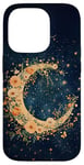 iPhone 14 Pro Floral Crescent Moon Stars Dark Blue Cottagecore Botanical Case