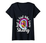 Womens Just A Girl Who Loves Skiing Funny Ski Girl Winter Sports V-Neck T-Shirt