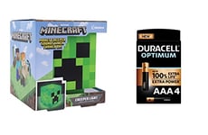 Paladone Minecraft Light BDP with Creeper Sounds Powered by 2X AAA Batteries, Gree, Green, 11cm, Duracell Optimum AAA Alkaline Batteries [Pack of 4], 1.5 V LR03 MN2400