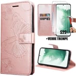 Fodral för Samsung Galaxy S22, elegant flipfodral i rosa fjärilsmönster i syntetiskt läder + 2 genomskinliga härdade glasögon