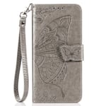 Huzhide Motorola Moto E7 Power Flip Case, Butterfly Flower Premium PU Leather Wallet Case with Wrist Strap Card Slots Magnetic Stand Shockproof TPU Bumper for Motorola Moto E7 Power Phone Cover Grey