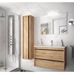 Meuble de salle de bain suspendu 80 cm Nevada en bois couleur chêne ostippo avec lavabo en porcelaine 80 cm - Avec colonne, miroir et lampe led