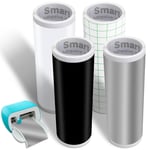 Lot de 4 rouleaux de film adhésif intelligent en vinyle permanent pour Cricut Joy - 14 x 200 cm - En vinyle permanent - Noir + blanc + argenté - Film de transfert en vinyle pour traceur - Kit pour