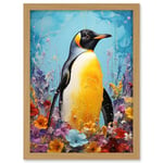 Artery8 King Penguin in Colourful Floral Flowers Nest Thick Paint Oil Painting Yellow Black Blue Colourful Artwork Framed A3 Wall Art Print